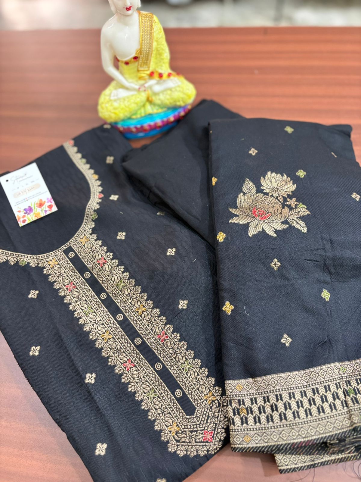 Black and Gold | Three Piece | Pashmina | Unstitched Woolen Suit Set