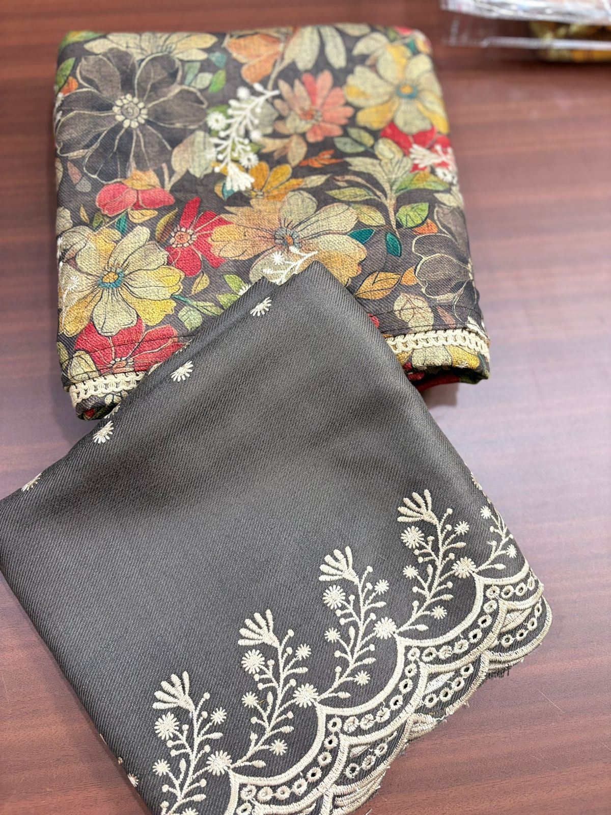Floral Print Grey Embroidered | Three Piece | Pashmina | Unstitched Woolen Suit Set