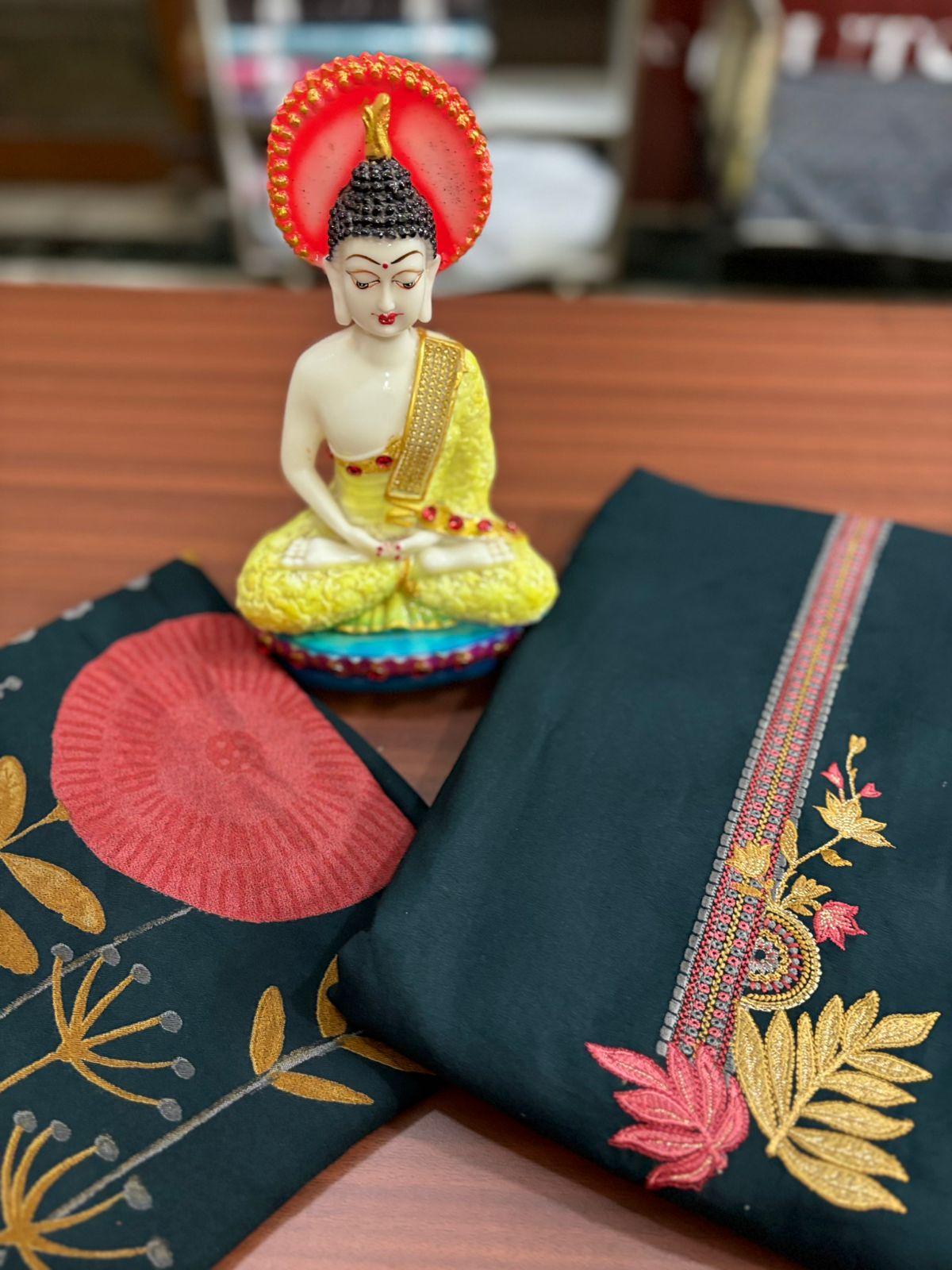 Floral Print Bottle Green Embroidered | Three Piece | Pashmina | Unstitched Woolen Suit Set