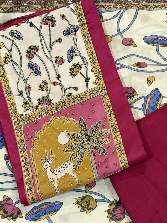 Onion Pink | Three Piece |  Kalam Kari | Unstitched Cotton Suit Set
