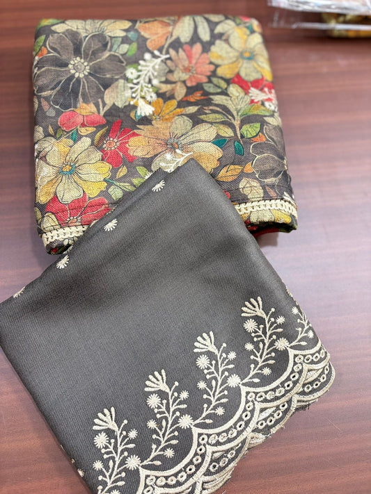 Floral Print Grey Embroidered | Three Piece |  Pashmina | Unstitched Woolen Suit Set