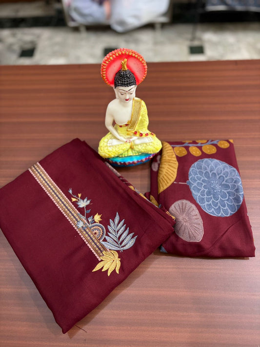Floral Print Maroon Embroidered | Three Piece |  Pashmina | Unstitched Woolen Suit Set