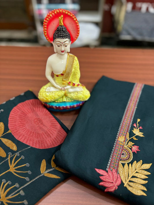 Floral Print Bottle Green Embroidered | Three Piece |  Pashmina | Unstitched Woolen Suit Set