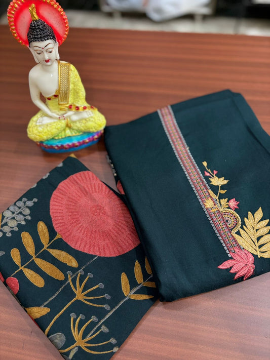 Floral Print Bottle Green Embroidered | Three Piece |  Pashmina | Unstitched Woolen Suit Set