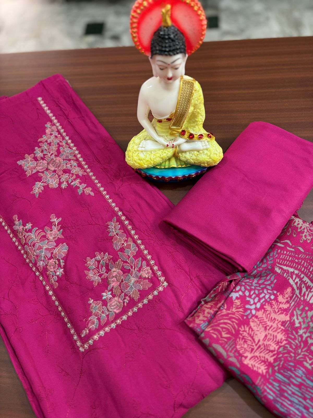 Magenta with Japanese Cherry Blossom | Three Piece |  Pashmina | Unstitched Woolen Suit Set