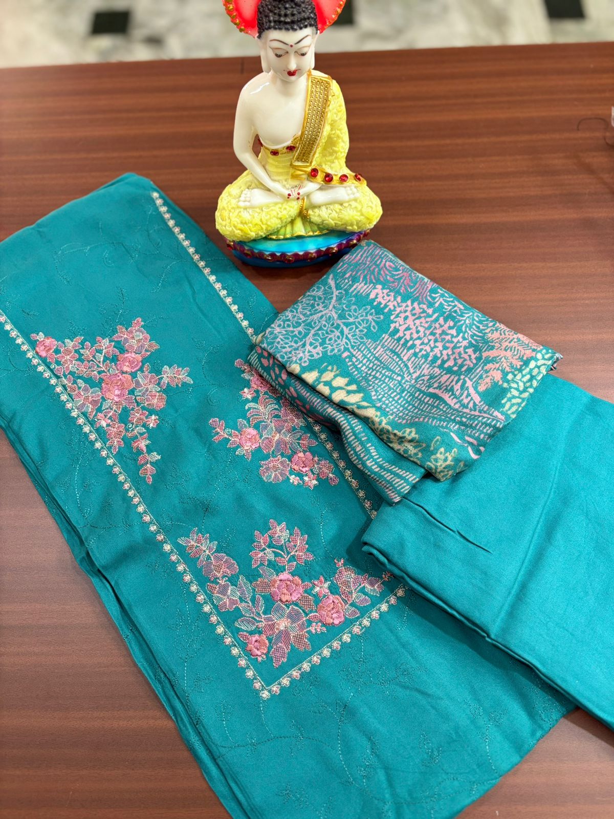 Sky Blue with Japanese Cherry Blossom | Three Piece |  Pashmina | Unstitched Woolen Suit Set